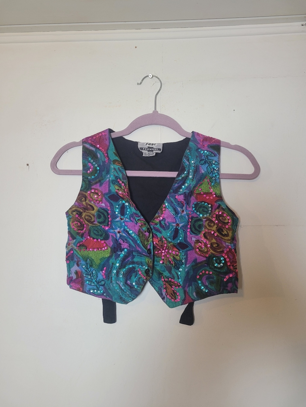 Vintage Fast Forward Artsy Sequined Multicolor Floral Waistcoat Vest Size Small